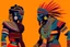 Placeholder: two arafed persons arguing in ritual combat stance, afrofuturism, arafed angularity, aztec vibe, patchwork vibe, side view, aztec room with extreme body action, sharp color contrasts, amazing shadows, exaggerated limbs and heads, minimal cozy, warm palette, bright bold warm summer colors, ritual scene, futuristic tribal style, Aztec influence, sculptural helmets, spiked headdress, geometric borders, patterned red rug over dark wooden floor, tribal ceramic vases with potted plants