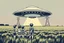 Placeholder: bumper sticker design, westall large flat ufo, in bold heading text WESTALL 1966, lots of school children looking up in a field with high voltage powerline and gumtree's, mysterious cool, bold