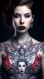 Placeholder: (front view, medium shot)Create a captivating visual narrative featuring Woman A, (front view, medium shot) Now, envision a tattoo on Woman A's chest, this tattoo is a portrait of a human female,who is also wearing a red dress. this is the only tatoo on Woman A, and it is a large in size. Woman A is wearing a shirt that covers her chest yet still allows full view of the human female tattoo