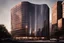 Placeholder: photorealistic, canon EOS 5d, minimalistic medium scale office building, curved, geometric shaped outline, expert, dramatic lighting, lighting effects, motion blurring walking crowd, realism sunlighting, car tail lightings