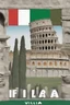 Placeholder: Imparare l'italiano. Gli studenti imparano la lingua, mentre dietro sullo sfondo l'alfabeto italiano. Torre Pendente di Pisa, Colosseo e bandiera italiana.