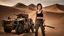 Placeholder: beautiful anorexic caucasian female technician, black tank top, well toned muscles, weathered face, scratched sand camo metal details, short brunette wavy bob haircut, dystopian, desert scene, pulling a knife