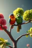 Placeholder: Colorful birds sitting on the young tree branches, talking and looking at other trees, whimsical and emotional 3D illustration, cinematic lighting.