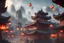 Placeholder: a painting of a chinese building with lanterns floating in the air, a detailed matte painting by Pu Hua, Artstation, sots art, concept art, matte painting, volumetric lighting