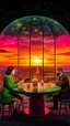 Placeholder: full shot of happy dandys drinking in a floating glass dome, dreamlike atmosphere, in the background the landscape burns like hell, in the style of jasper johns