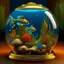 Placeholder: 8k detailed, round glass aquarium, gold trim top and bottom, full of fancy paper crill fish, 3D HDR,