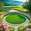 Placeholder: a round stage in country side in center of picture ,green field ,flowers , small river