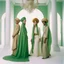 Placeholder: A fashion photography of a group wearing traditional Middle Eastern , in a white studio with a green scarf around the head and a long skirt, posing for Vogue magazine in the style of James Bidgood photographed in the style of Tim Walker. --ar 101:128 --v 6. 0