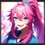 Placeholder: Clear focus, 8k, beautiful lighting, vibrant colors, girl, pink hair, long hair, vibrant blue eyes, ponytail, messy hair, hair in between the eyes, laughing, angry,