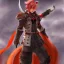 Placeholder: final fantasy 14, crimson red hair, full body male, miqote, wolf ears, orange colored eyes, tan skin, white coat, dark knight (final fantasy)