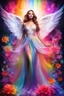 Placeholder: Gorgeous Photography Beautiful Woman as Angel with clothing abstracts flowers luxury gown dressing painting art neons rainbow colors glowing in the dark and colorful details, light leaks boleh colors,flowers background