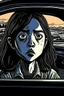 Placeholder: A Chinese person, girl, 18 years old, delicate features, pretty, serious expression, ((((( sitting in a car )))), background car, front view, close focus, horror scene, eerie, dim, 8K, graphic novel sketch, graphic novel style, 2D effect, flat colors, gloomy drawing style
