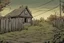 Placeholder: fence, house , overgrown apocalyptic background, comic book,