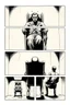 Placeholder: a page divided into 6 rectangular panels, each with different views of a man strapped to a chair and being interrogated, lower and higher perspectives, front and back, suspenseful torture graphic novel, comic book