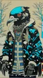 Placeholder: A contemporary serigraphy portrait by Kunisada of a crow adorned in a punk leather jacket within a snowy Christmas atmosphere.