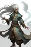 Placeholder: Air genasi from dnd with ashesen skin and asian flowing hair herematerial smoke Monk attire with ash giant