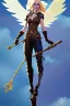 Placeholder: blue sky clouds, happy blonde steampunk angel holding staff