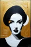 Placeholder: Oil painting rought Minimalist abstract portrait of a woman, op and math style, in black and gold tones, art deco
