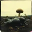 Placeholder: Photography polaroid close-up of a random landscape with massive odd Yves Tanguy incomprehensible style Surrealism, glossy, organic, creepy tumor mass growing, strong texture, fiotti di liquido nero, horror, panic, obsessive, hypnotic