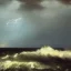 Placeholder: George Inness, painting, ocean, waves, lightning bolts, photo realistic, 8k, storm