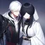 Placeholder: Girl with white hair wearing white robes and a blindfold. Boy with black hair wearing leather armor