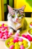 Placeholder: scene: Adorable,a cat eating food with a lot of food around her facts about them ◦ loves food ◦ lovely ◦ pink paws