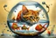 Placeholder: goldfish bowl with a cat hanging upside down over the edge with its head submerged in the fishbowl. The cat tries to catch a goldfish with one paw, causing a lot of splashing water and small drops of water. unpatterned, plain background. Greg Rutkowsky style, intricate details, graffiti art, splash art, street art, spray paint, oil gouache melting, acrylic, esoteric elegance, key light reflected in shimmering eyes, fantasy realism, 3D, UHD, HDR, bright, vivid colors, meticulo