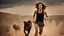 Placeholder: beautiful slender caucasian female technician, black tank top, angry, running, well toned muscles, weathered face, scratched sand camo metal details, short brunette wavy bob haircut, dystopian, desert scene with smoke and explosions,