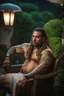 Placeholder: half figure shot photography of a burly heavyset gipsy shirtless man, 28 years old in bulging shorts, tattoo, manly chest, short dreadlocks , sweat, wet, relaxing on a chair, in a private elegant garden of a villa, raining nighttime, big shoulders, big tights, ambient occlusion, photorealistic, frontal view from the ground, dim light from little bulbs