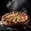 Placeholder: dramatic side shot of steaming apple pie just out of the oven, black background, Kinetic, professionally shot on dslr 64 megapixels sharp focus for advertising campaign, Professional photography, bokeh, dramatic spotlight