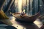 Placeholder: strong mouse rowing in boat, in forest by stream, book illustration, fine detail, 4k, trending, volumetric light, depth of field