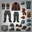 Placeholder: Sprite sheet, clothing, pants, shirt, hat, cap, shoes , icons, survival game, gray background, comic book,