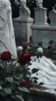 Placeholder: A grave above it a white bride lace scarf and blood on it. and white roses. Cinematic picture