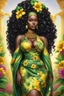 Placeholder: Create a digital airbrush cartoon of a curvy African female wearing Nigeria outfit that's yellow, green and black. Prominent make up with hazel eyes. Highly detailed very long extremely curly black hair. Her skin is smooth and silky. Background of a judge full of colorful flowers