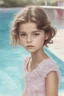 Placeholder: Illustration of fashion model kaia gerber as toddler,,at the swimmingpool, style of Marcel Marlier, pastel colors