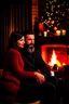 Placeholder: Fire place Christmas scene, dark haired couple, man with short black beard, blue eyes, cozy
