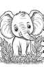 Placeholder: cute coloring page, sketch style, cute baby elephan in the jungle, cute cartoon, white and black, withe background, no shadows, outline.