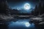 Placeholder: black, blue and white colors, fullmoon, pond, mountain, forest