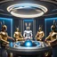 Placeholder: (masterpiece, best quality, 8k, RAW photo, beautiful and aesthetic:1.2), complex detail, Indirect light, photorealistic, (((full body))), Meeting of a group of Cosmic male gods smiling, Mixed, sci-fi and cyborg outfit with golden futuristic artifacts, white, blue and silver elements- Inside a great room of a flying saucer with a round hublot showing a galactic sunset
