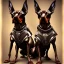 Placeholder: Chiens avec armure steampunk, combat de chiens, doberman