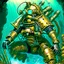 Placeholder: 90's TCG retro scifi art of a steampunk diver with big armor