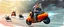 Placeholder: hi speed rocket ship on leaning scooter in a swing, coated cat captain in high speed pursuit among neon rat cyber soldiers, with background motion blur, airbrush and pen outline