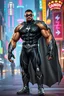 Placeholder: A giant, muscular man with extra-short, crew cut, black hair, blue eyes, short, trimmed goatee, standing stoically on the street in the neon lit, futuristic City of Xanadu prime, wearing a black body suit with gray piping that forms to his muscular frame, he has a silver lightning belt, silver wrist gauntlets, silver, knee-high boots, gray cape, he has the symbol of Xanadu Prime on his chest, and a thin black leather bandit eye mask