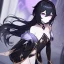 Placeholder: Clear focus, High resolution, rough line sketch art, long black hair, hair between eyes, fluffy hair, purple eyes, wearing a off shoulder shirt, no spaghetti strapes, dark aura, 1girl, wearing a skirt, genshin impact, wearing a little bit revealing outfit