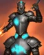 Placeholder: A commander with flaming eyes with flaming light blue pupils with stubble An armor made of a mixture of steel and leather, worn by a strong commander with magical power stands atop a squire