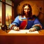 Placeholder: leonardo da vinci works in his study on a laptop at his desk. painting in photoshop. hyperdetailed, warm colors, movie poster, photoillustration, oil on canvas, lens flare