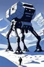 Placeholder: a minimalist silhouette of a sleek mechanical walker with eight legs scaling a very steep snow covered side of mout everest at night, it has a smooth surface, it has storage pods on its belly and humans can fit in the pods