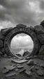 Placeholder: A depressing image of pattera in Jordan sad and emotional thought-provoking image of A rocky portal of a strange ring with strange words on it , the world of gray. those in the grayscale. Those beyond the portal in the color world are living and joyful.a stormy wether in the. Background