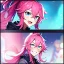 Placeholder: Clear focus, 8k, beautiful lighting, vibrant colors, girl, pink hair, long hair, vibrant blue eyes, ponytail, messy hair, hair in between the eyes, laughing, angry,