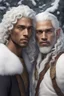 Placeholder: Forty-year-old mulatto man with wavy snow-white hair, next to a young elf boy with snow-white hair and tanned skin